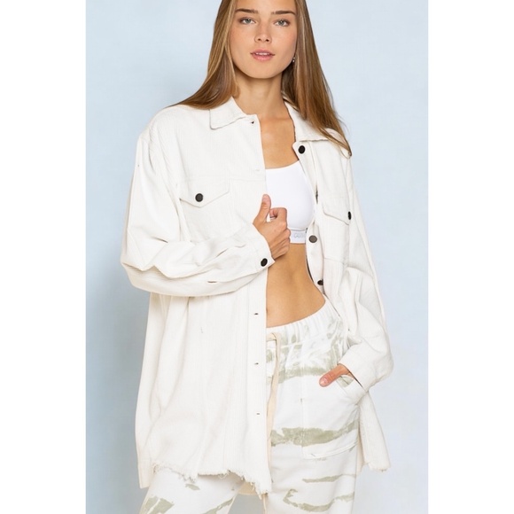 POL White Corduroy Distressed Hem Long Boyfriend Jacket - Picture 6 of 6